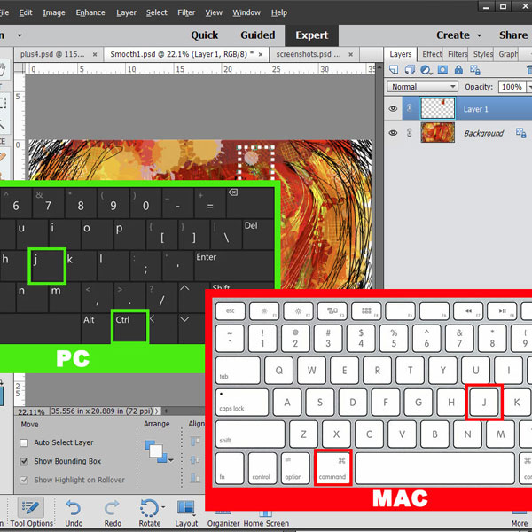 Ctrl + j shortcut Photoshop Elements